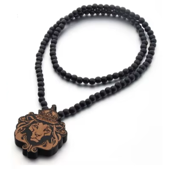 Trendy Wooden Lion Face Beaded Necklace