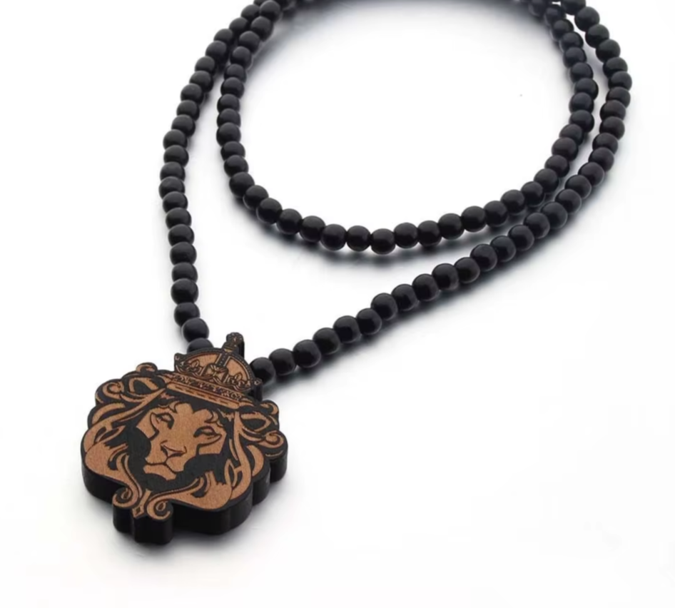Trendy Wooden Lion Face Beaded Necklace