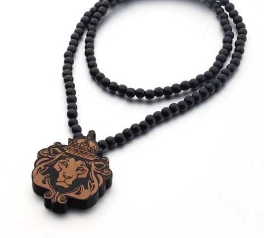 Trendy Wooden Lion Face Beaded Necklace