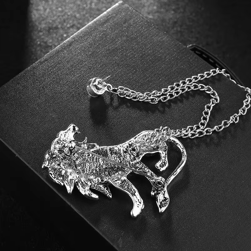 Crystal Lion Brooch with Tassel Chain Lapel Pin