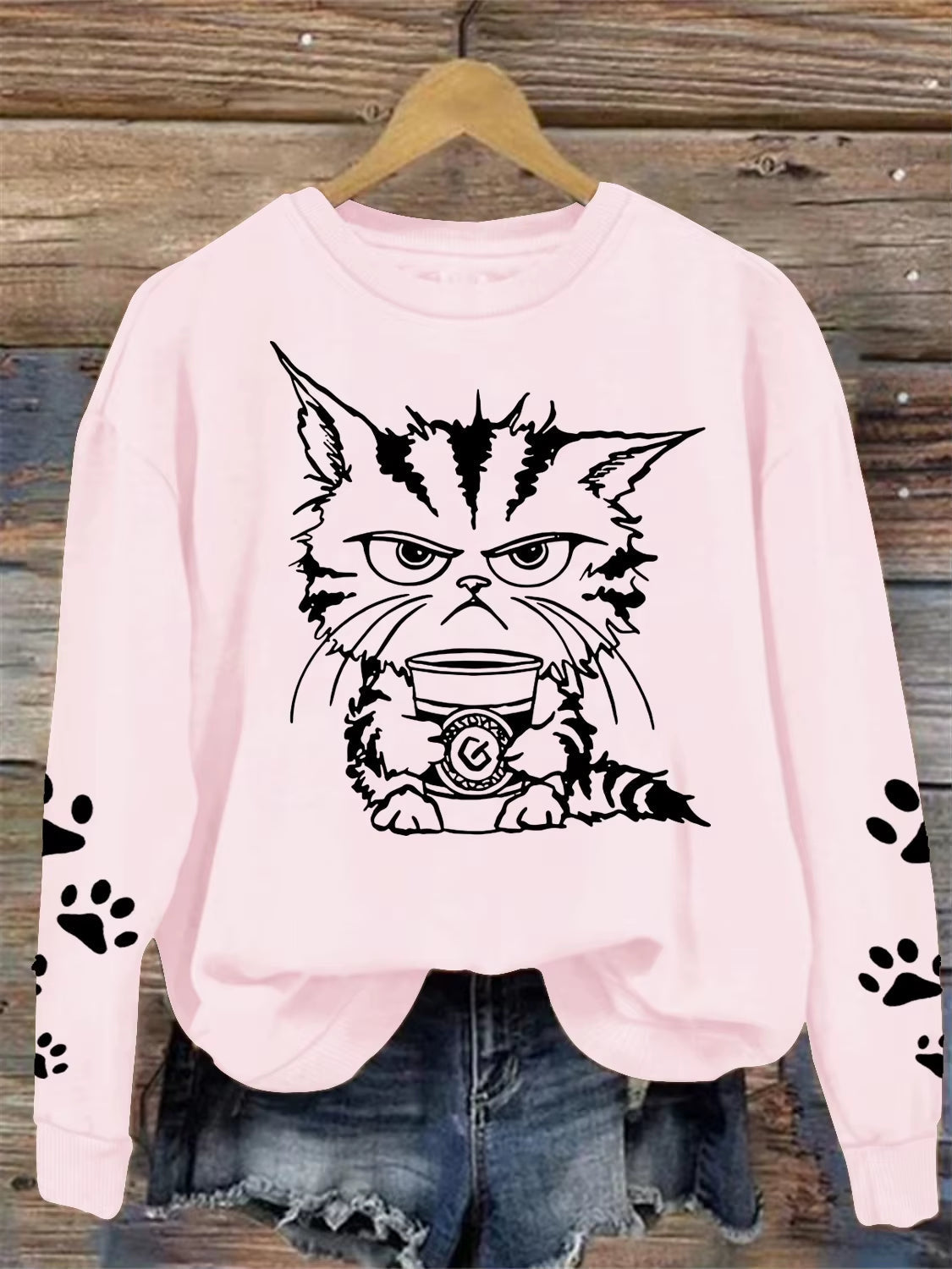 Light Pink Cranky Kitty Crew Neck Sweatshirt with Paw Sleeves