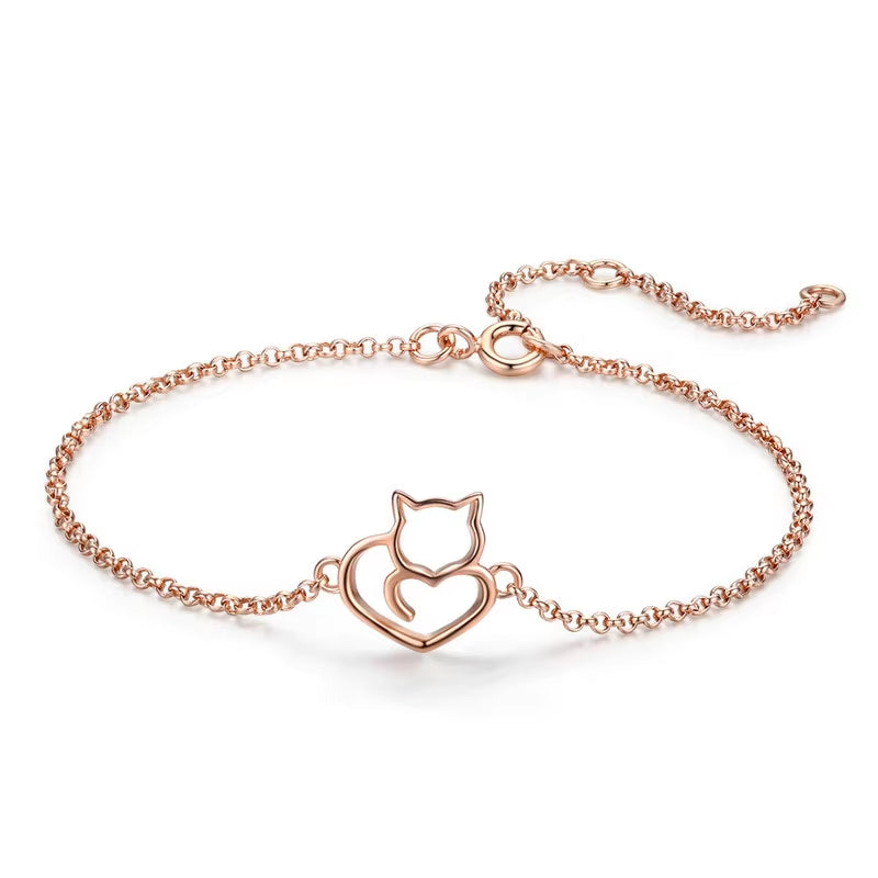 Kitty Heart Bracelet: Sterling Silver, Gold, or Rose Gold 