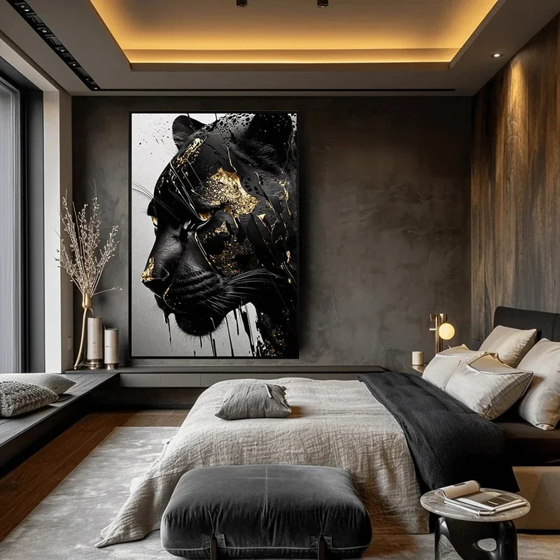 Black Jaguar with Gold Texture Canvas Wall Art Home Decor 