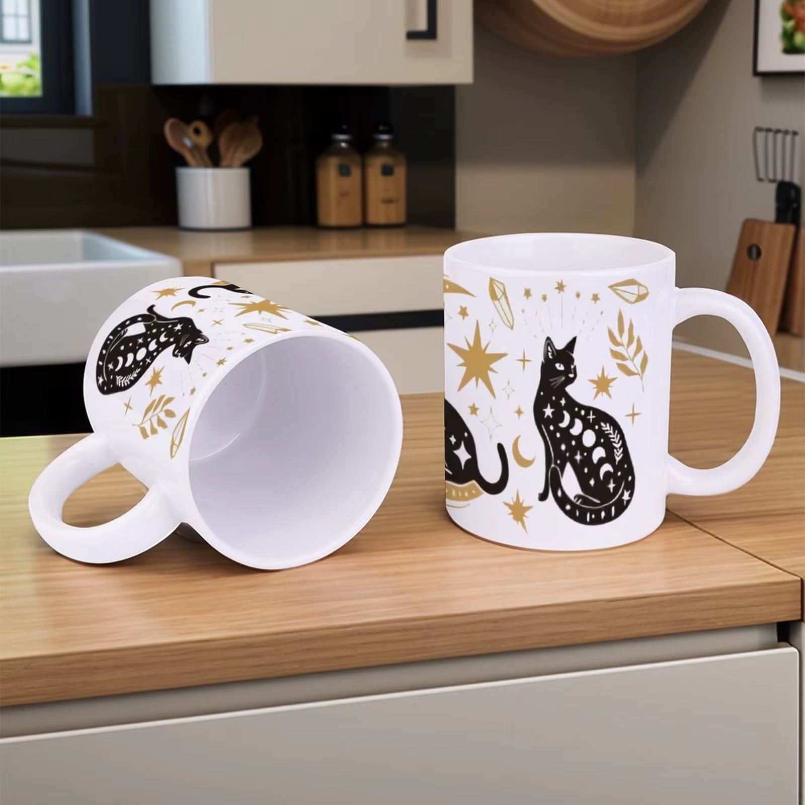 Three Black Cats Sitting in Front of a Crescent and Stars 11 oz Mug