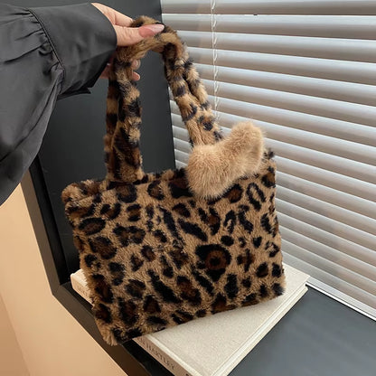 Leopard Print Plush Tote Bag – Fashionable Furry Handbag Purse