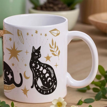 Three Black Cats Sitting in Front of a Crescent and Stars 11 oz Mug