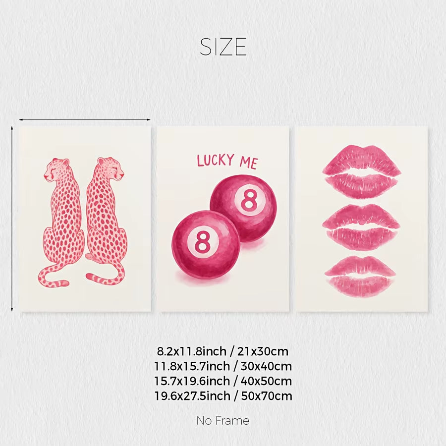 3-Piece Pink Wall Art Set: Cheetah Print, Kiss Lips & 8 Ball Posters, Unframed