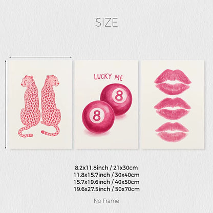 3-Piece Pink Wall Art Set: Cheetah Print, Kiss Lips & 8 Ball Posters, Unframed