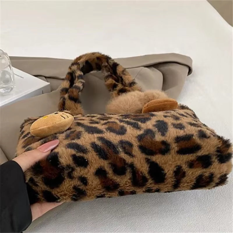 Leopard Print Plush Tote Bag – Fashionable Furry Handbag Purse