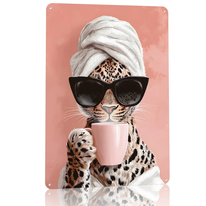 Leopard in Sunnies with Coffee, Metal Wall Art Decor