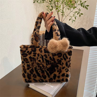 Leopard Print Plush Tote Bag – Fashionable Furry Handbag Purse