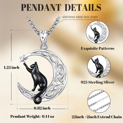 Black Cat Celtic Knot Necklace 925 Sterling Silver Cute Animal Pendant Jewelry Gifts for Women Men Graduation Christmas Birthday
