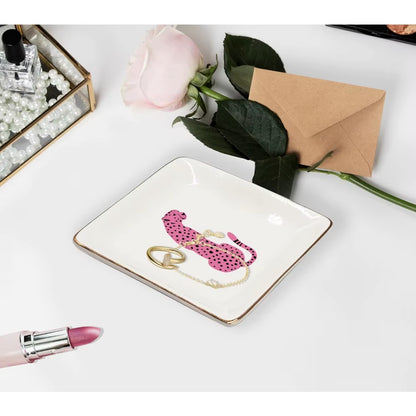 Pink Preppy Cheetah Leopard Gifts Ceramic Jewelry Tray Dish, Cheetah Print Jewelry Plate Trinket Dish, Wild Animal Leopard Love