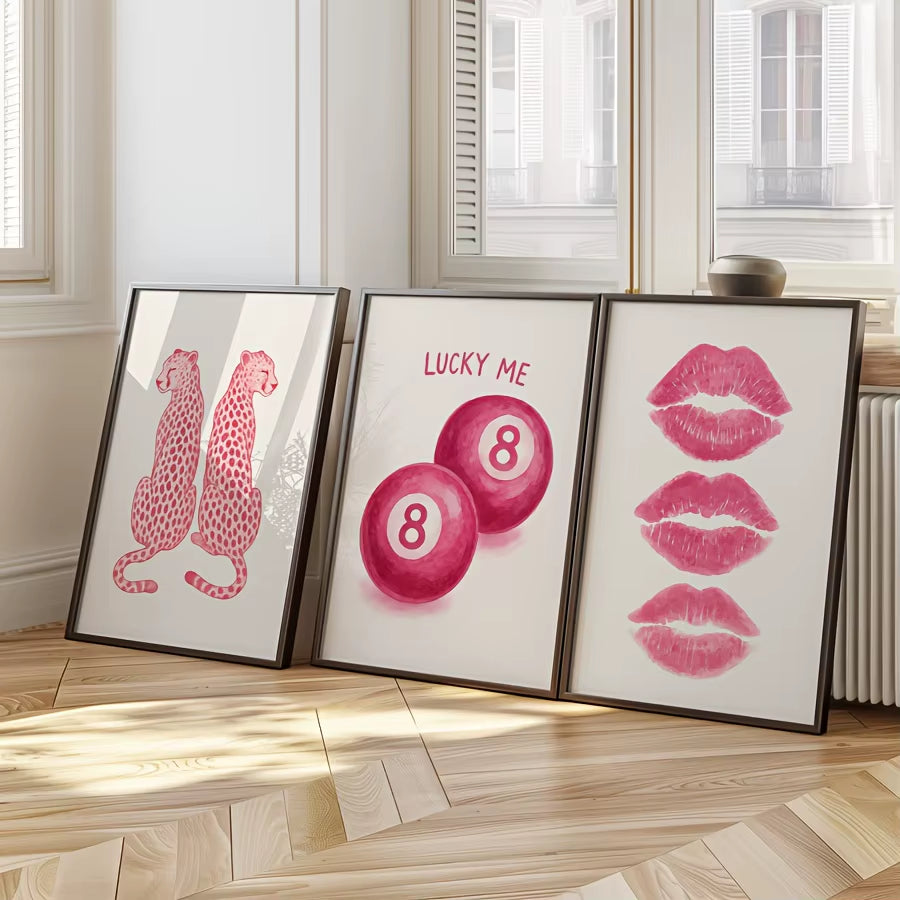 3-Piece Pink Wall Art Set: Cheetah Print, Kiss Lips & 8 Ball Posters, Unframed