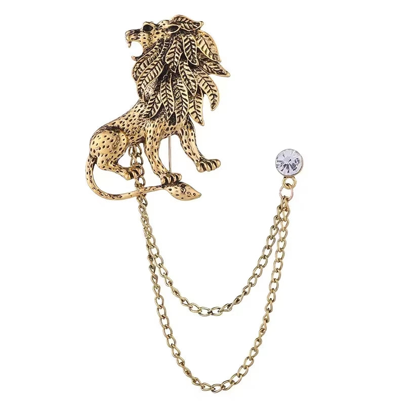 Crystal Lion Brooch with Tassel Chain Lapel Pin