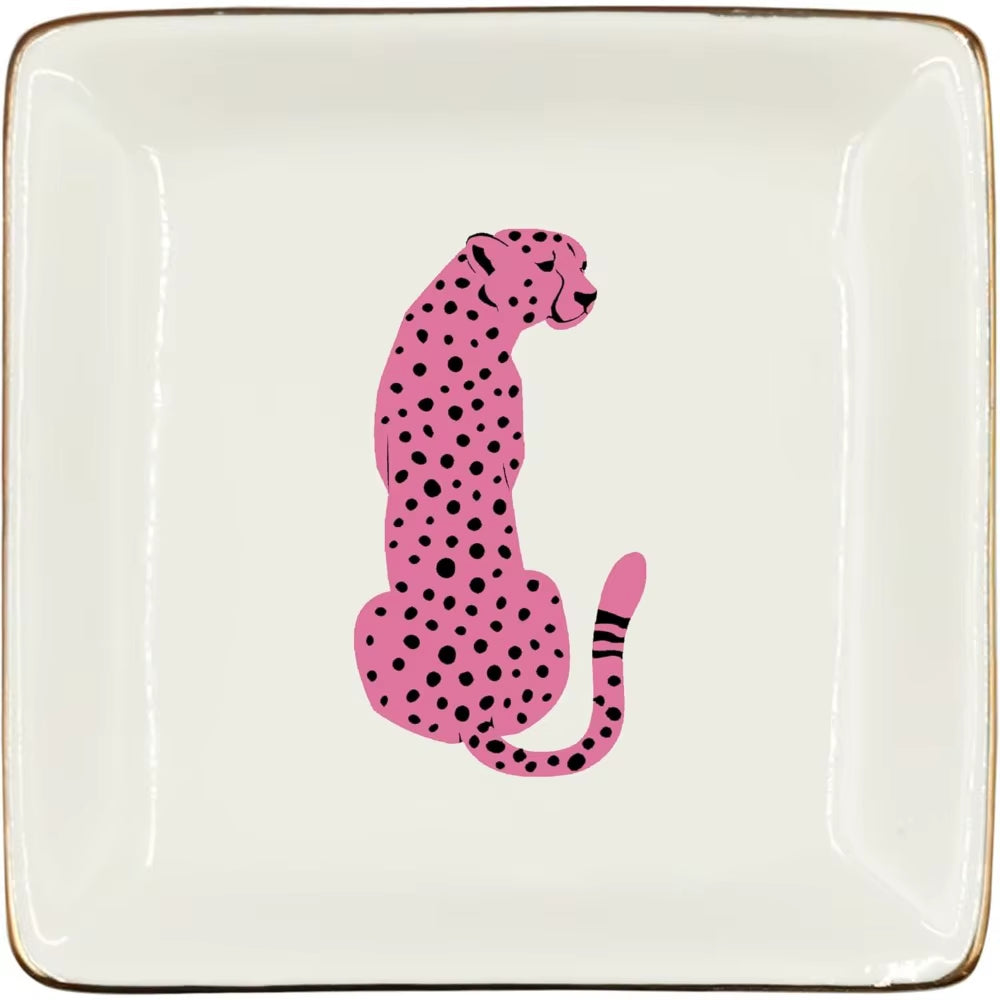 Pink Preppy Cheetah Leopard Gifts Ceramic Jewelry Tray Dish, Cheetah Print Jewelry Plate Trinket Dish, Wild Animal Leopard Love