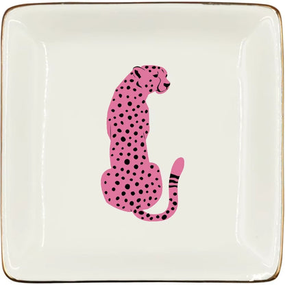 Pink Preppy Cheetah Leopard Gifts Ceramic Jewelry Tray Dish, Cheetah Print Jewelry Plate Trinket Dish, Wild Animal Leopard Love