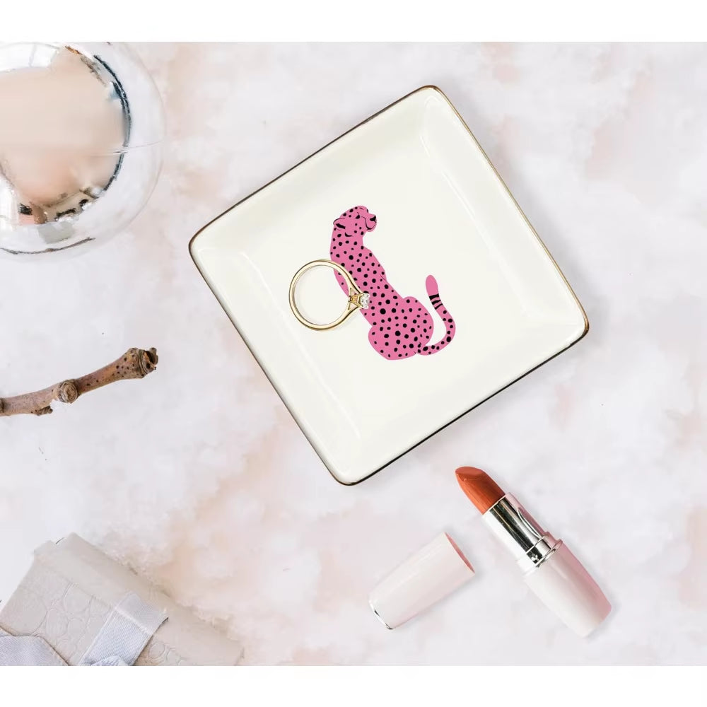 Pink Preppy Cheetah Leopard Gifts Ceramic Jewelry Tray Dish, Cheetah Print Jewelry Plate Trinket Dish, Wild Animal Leopard Love