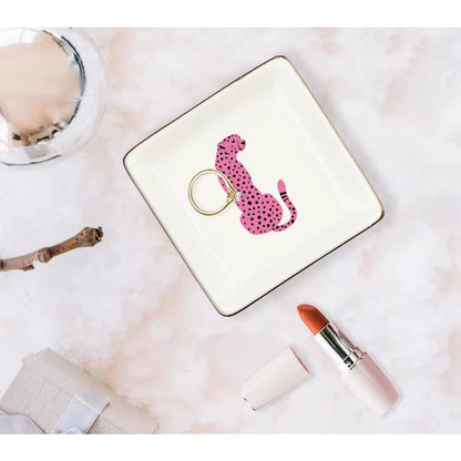 Pink Preppy Cheetah Leopard Gifts Ceramic Jewelry Tray Dish, Cheetah Print Jewelry Plate Trinket Dish, Wild Animal Leopard Love