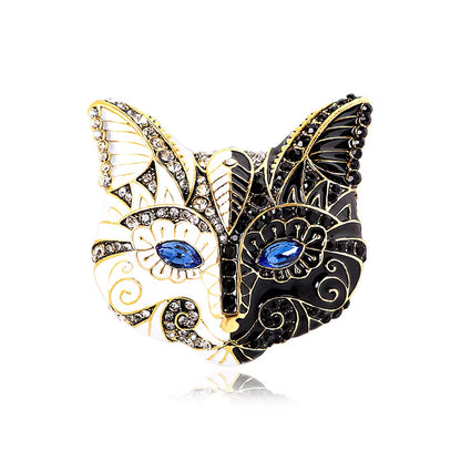 Stunning Half Black & Half White Cat Face Brooch with Mesmerizing Blue Eyes