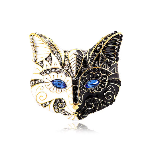 Stunning Half Black & Half White Cat Face Brooch with Mesmerizing Blue Eyes