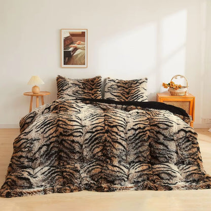 King Size Tiger Faux Fur Duvet Cover, 3 Piece Set Bedding