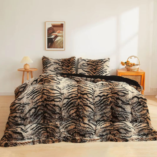 King Size Tiger Faux Fur Duvet Cover, 3 Piece Set Bedding