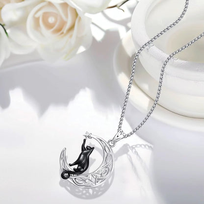 Black Cat Celtic Knot Necklace 925 Sterling Silver Cute Animal Pendant Jewelry Gifts for Women Men Graduation Christmas Birthday
