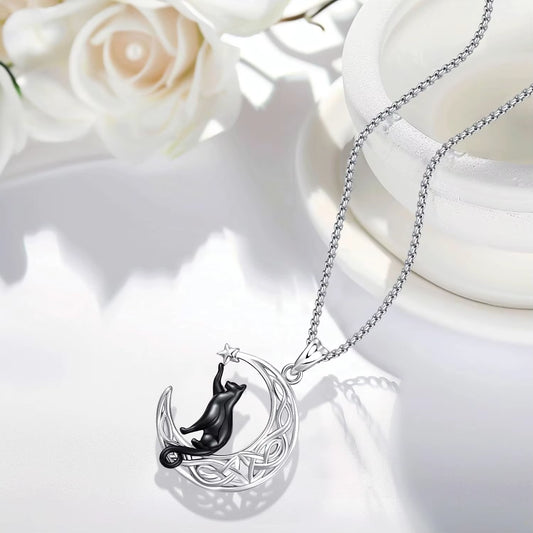 Black Cat Celtic Knot Necklace 925 Sterling Silver Cute Animal Pendant Jewelry Gifts for Women Men Graduation Christmas Birthday