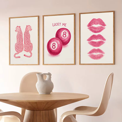 3-Piece Pink Wall Art Set: Cheetah Print, Kiss Lips & 8 Ball Posters, Unframed
