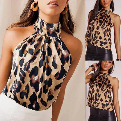 Sophisticated Leopard Print Halter Blouse