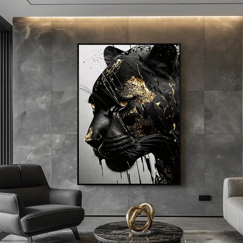 Black Jaguar with Gold Texture Canvas Wall Art Home Decor 
