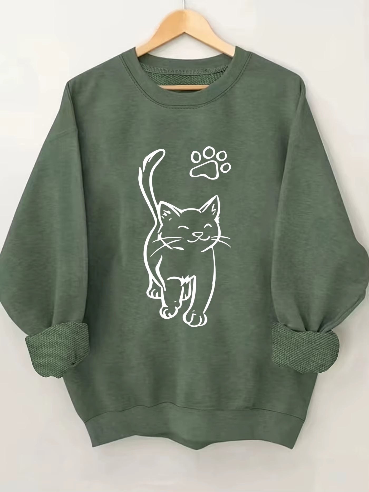 Army Green Crew Neck Casual Sweatshirt 