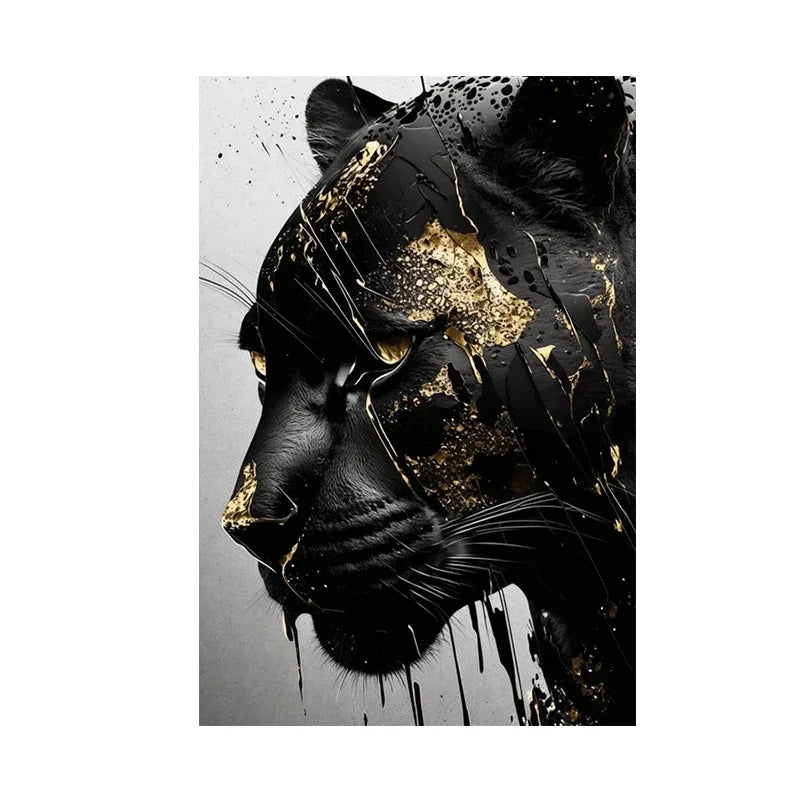 Black Jaguar with Gold Texture Canvas Wall Art Home Decor 