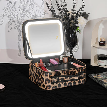 Leopard Cosmetic Bag with Mirror and 3 Color Dimmable LED Lights