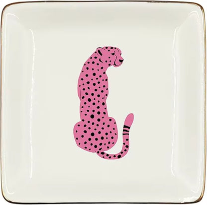 Pink Preppy Cheetah Leopard Gifts Ceramic Jewelry Tray Dish, Cheetah Print Jewelry Plate Trinket Dish, Wild Animal Leopard Love
