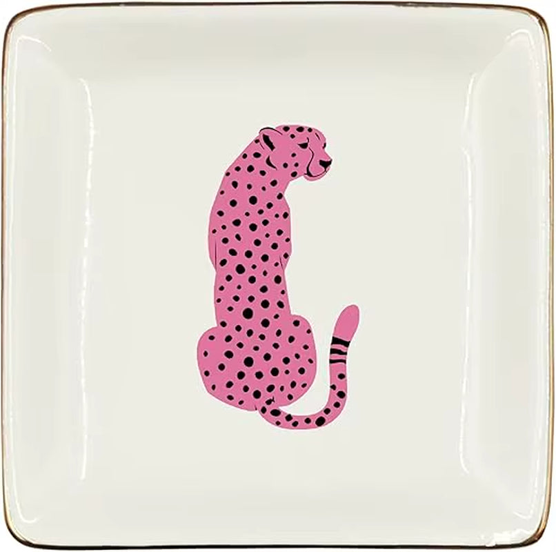 Pink Preppy Cheetah Leopard Gifts Ceramic Jewelry Tray Dish, Cheetah Print Jewelry Plate Trinket Dish, Wild Animal Leopard Love