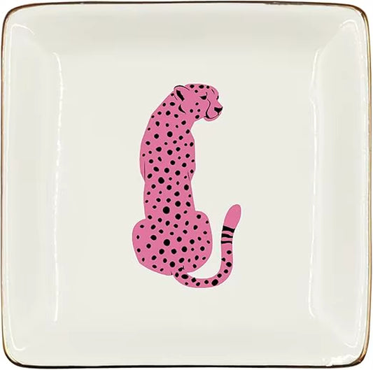 Pink Preppy Cheetah Leopard Gifts Ceramic Jewelry Tray Dish, Cheetah Print Jewelry Plate Trinket Dish, Wild Animal Leopard Love