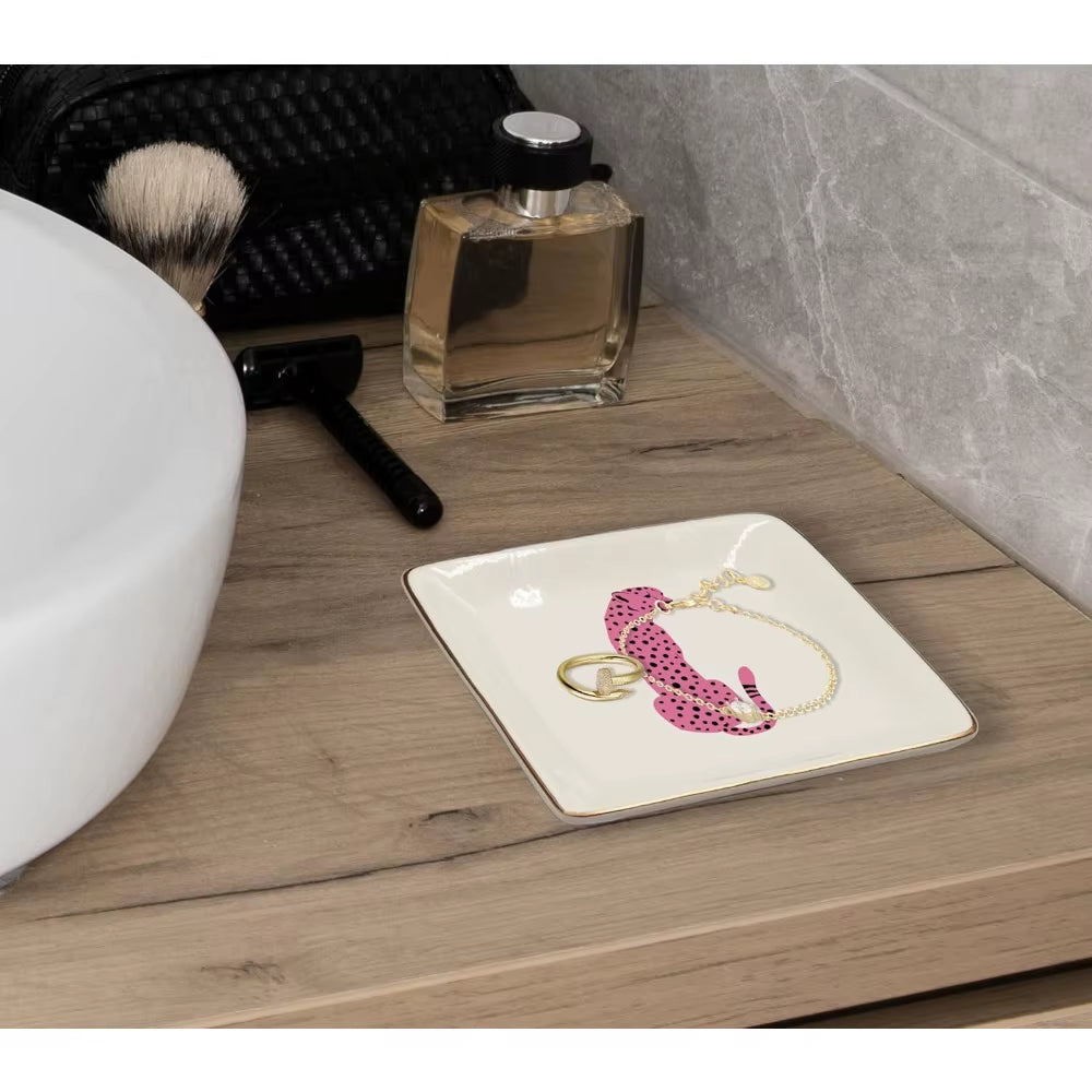 Pink Preppy Cheetah Leopard Gifts Ceramic Jewelry Tray Dish, Cheetah Print Jewelry Plate Trinket Dish, Wild Animal Leopard Love