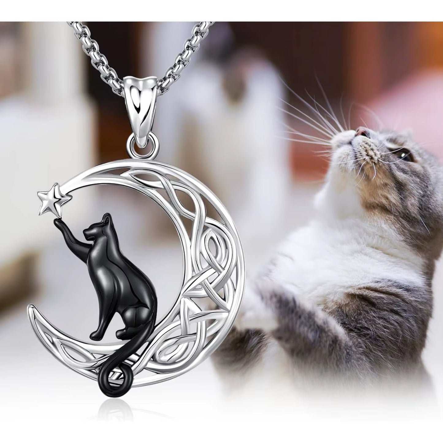 Black Cat Celtic Knot Necklace 925 Sterling Silver Cute Animal Pendant Jewelry Gifts for Women Men Graduation Christmas Birthday
