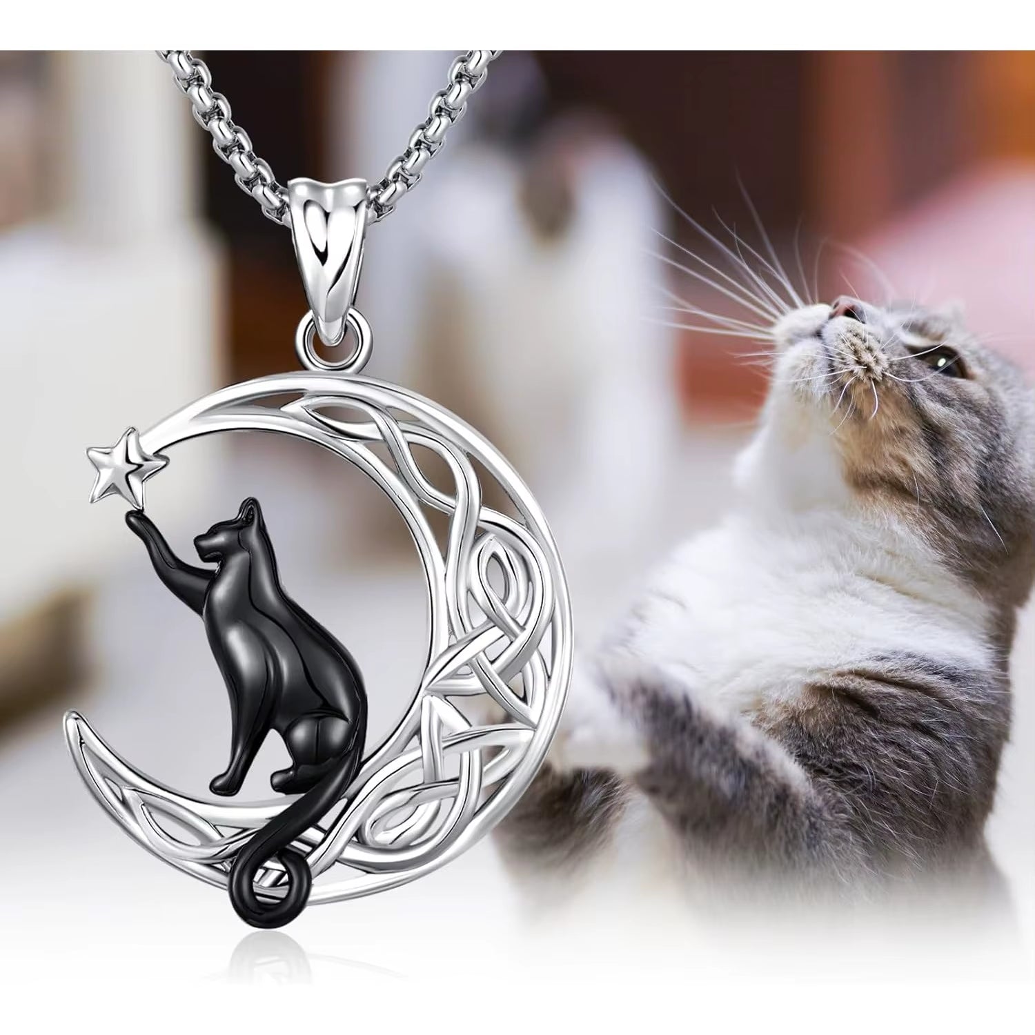 Black Cat Celtic Knot Necklace 925 Sterling Silver Cute Animal Pendant Jewelry Gifts for Women Men Graduation Christmas Birthday