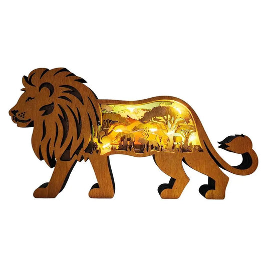 Wood Carving Lion Safari Decor - Built in LED Light