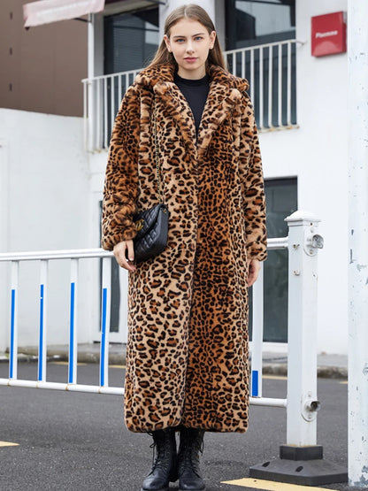 Luxurious Long Leopard Print Faux Fur Coat 