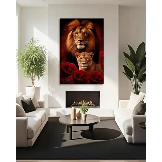 Striking Lion, Lioness & Red Rose Canvas Wall Art Decor