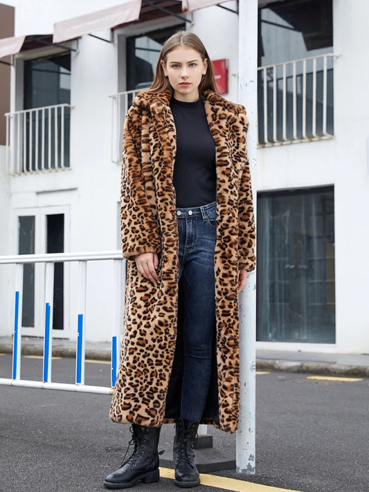 Luxurious Long Leopard Print Faux Fur Coat 