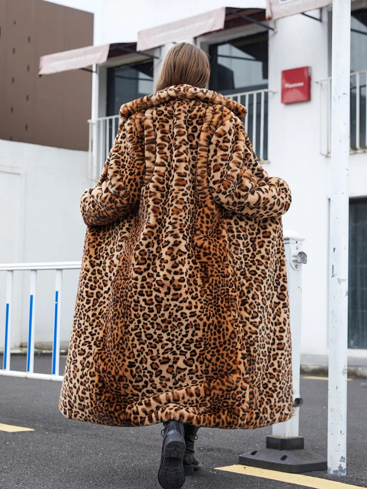 Luxurious Long Leopard Print Faux Fur Coat 
