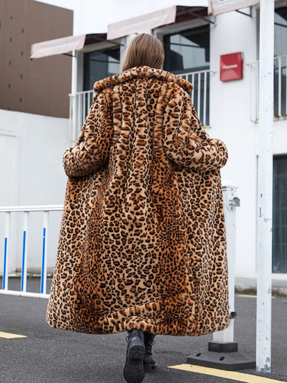 Luxurious Long Leopard Print Faux Fur Coat 