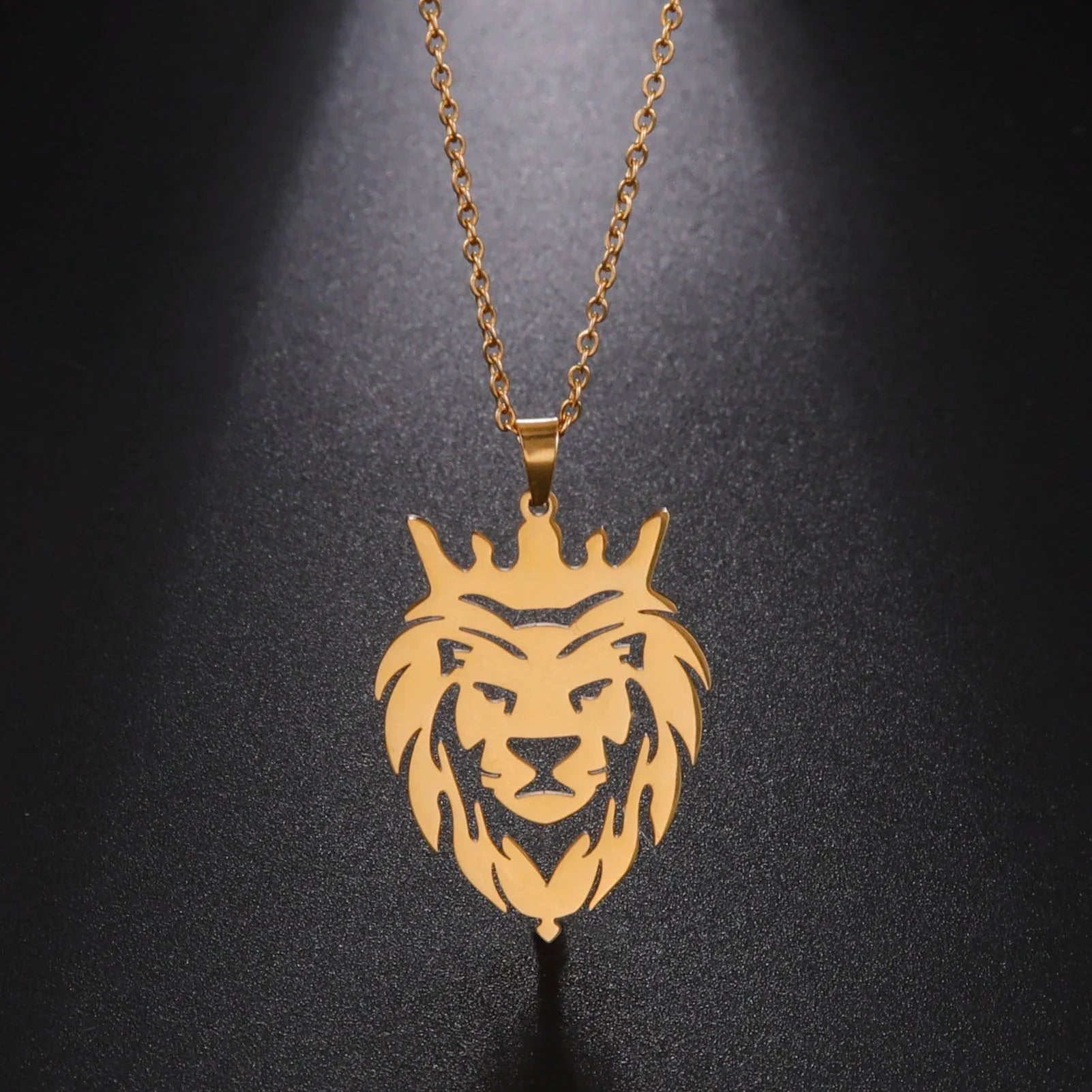 Crowned Lion Head Necklace in Gold or Silver 