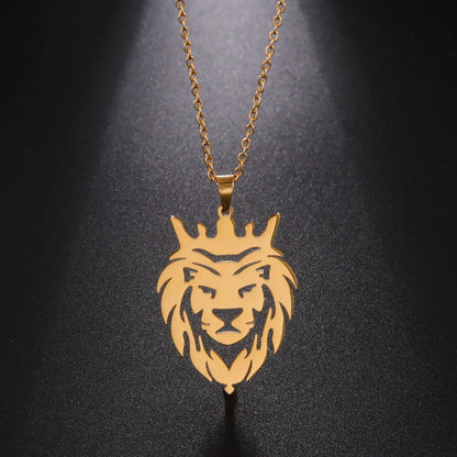 Crowned Lion Head Necklace in Gold or Silver 
