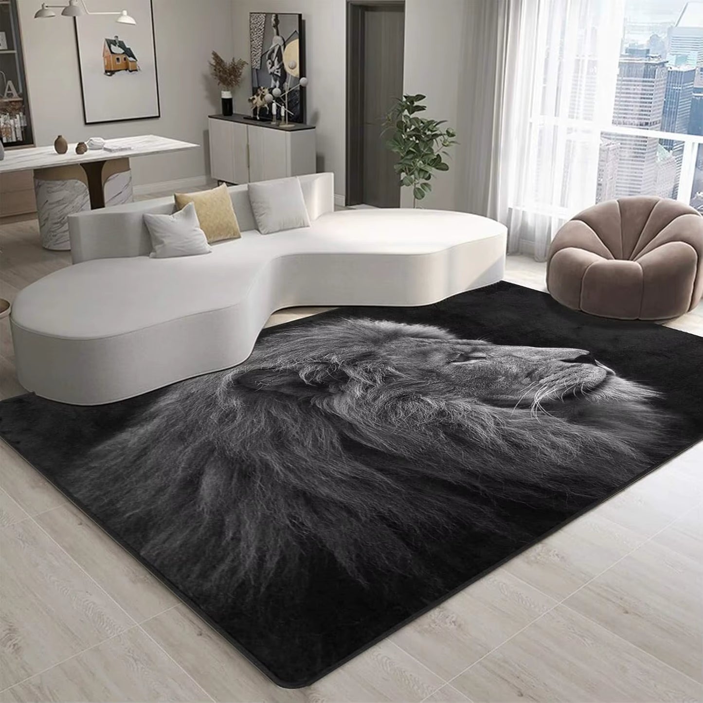 Lion Head Area Rug, 5×7 ft, Non-Slip Backing